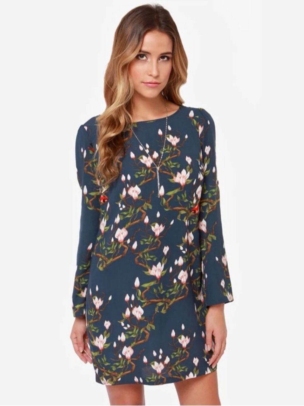 Darling Women's Tia Navy All-Over Pink Magnolia Floral Print Shift Dress